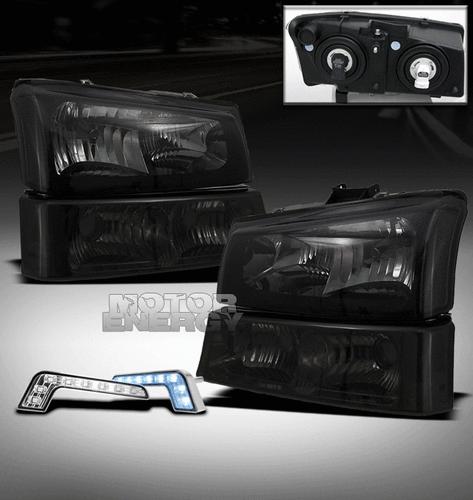 2003-2006 chevy silverado smoke crystal head light+bumper+blue led drl 2004 2005