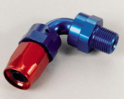 Russell 612100 hose end full flow 90 deg -8 an hose to male 3/8" npt red/blue ea