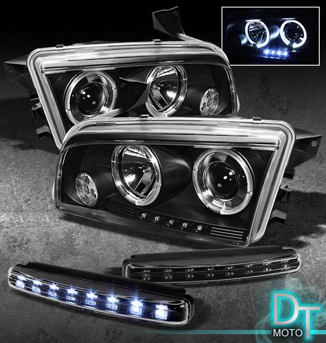 Drl led bumper fog lamps + 06-10 charger blk twin halo projector led headlights