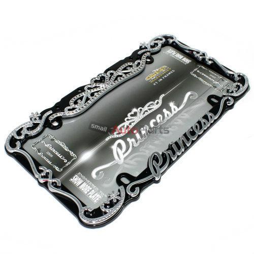 Princess chrome-black bling diamond license plate tag frame for auto-car-truck