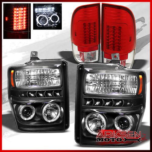 08-10 f250/350/450/550 black halo projector headlights+red clear led tail lights