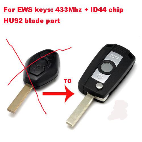 Flip key combo remote transmitter for bmw with ews immo moduel hu92,433mhz 
