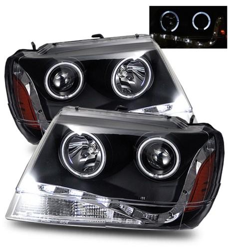 99-04 jeep grand cherokee led strip/angel eye halo black projector headlights