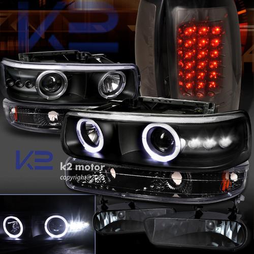 99-02 silverado blk halo projector headlight+bumper+smoke fog+led tail lights