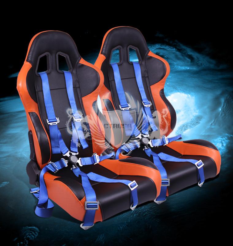 2x universal blk/orange turino type-r racing seat+6-pt blue camlock harness belt