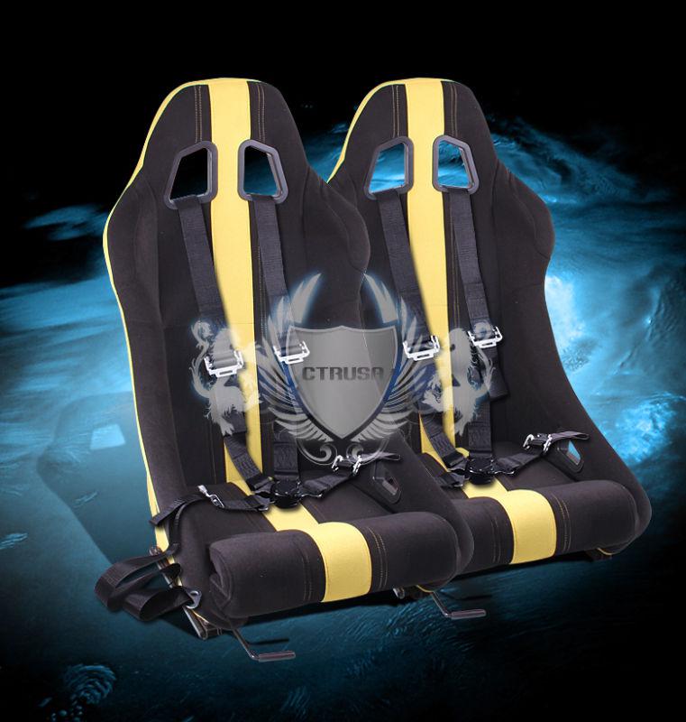 2x  black/yellow stripe stitch fabric racing bucket seats+4pt belt camlock strap