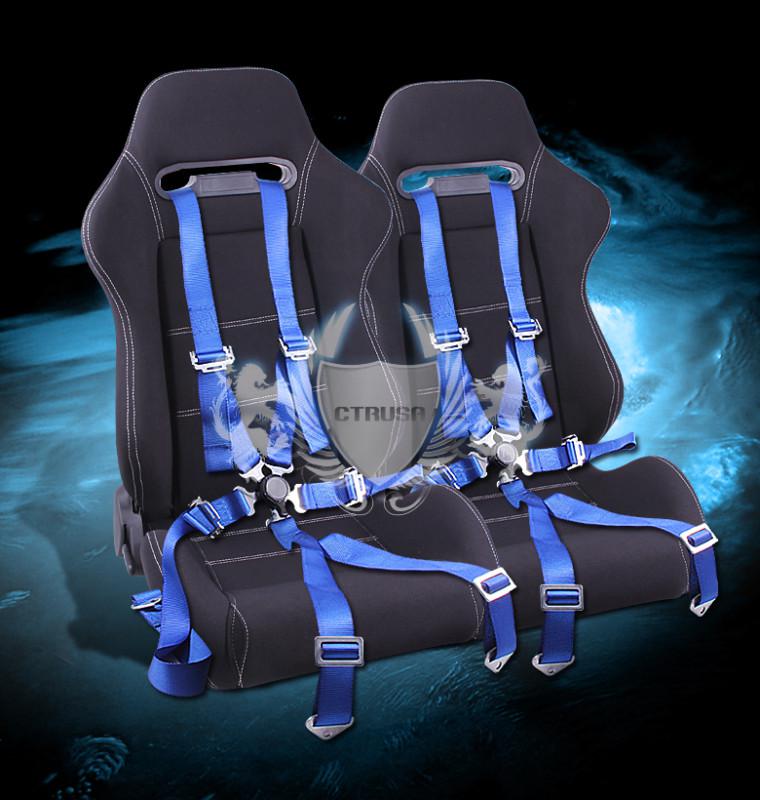 2x universal black/white fabric racing seats+6-pt blue camlock harness seat belt