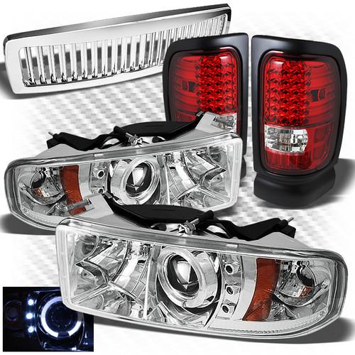 94-01 ram 1500, 94-02 2/3500 projector headlights + r/c led tail lights + grille