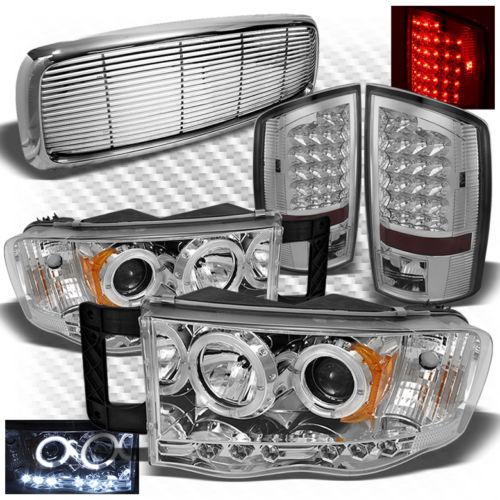 02-05 ram 1500, 03-05 2/3500 projector headlights + led tail lights + grille set