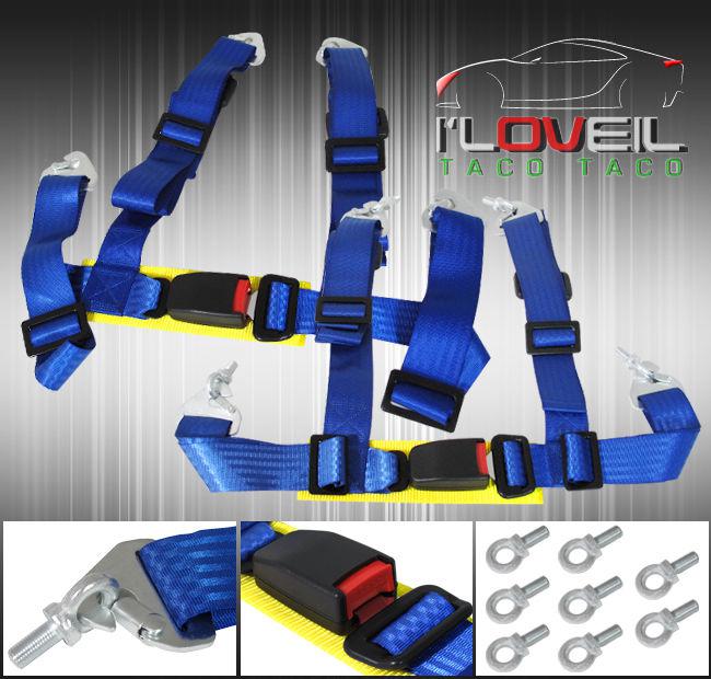 2" pair jdm blue 4 point racing seat belt harness strap quick snap bolt buckle