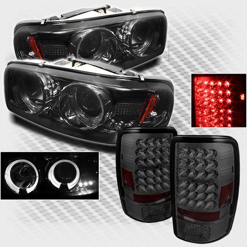 Smoked 00-06 gmc yukon halo projector headlights lights+led tail head lights set