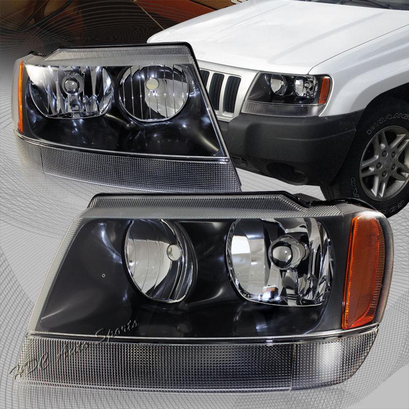 99-04 jeep grand cherokee black housing clear len amber reflector headlight lamp