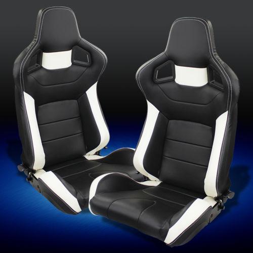 A pair carbon fiber/white leather w/red stitching reclinable racing seat+slider