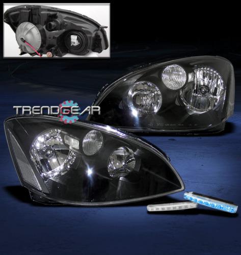 02-04 nissan altima black crystal head light+blue led drl lamp signal left+right