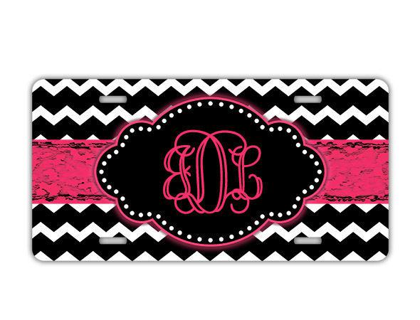 Monogrammed chevron license plate - black hot pink monogram front car tag (1032)