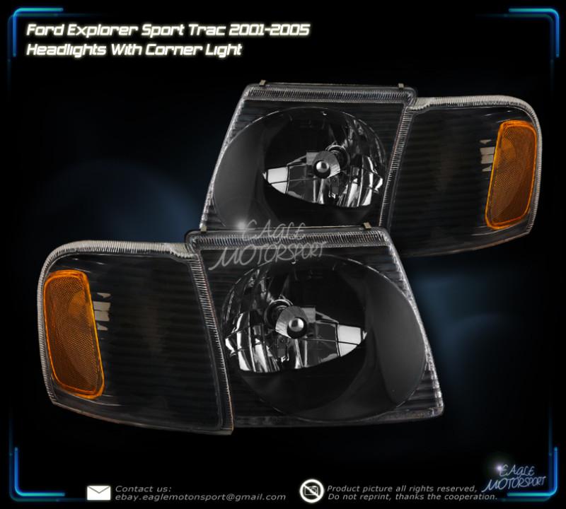 2001-2005 ford explorer sport trac crystal black blk headlights +corner lamps