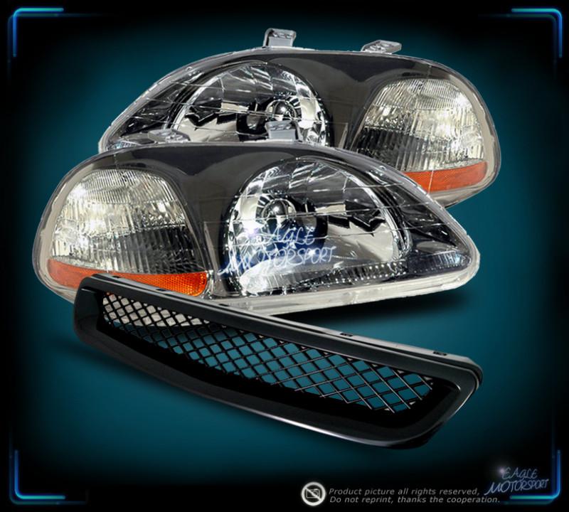 1996-1998 honda civic crystal gunmetal headlights head lamps + type r grille