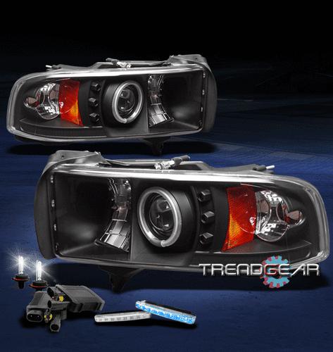 94-01 dodge ram ccfl halo led black projector head light+blue drl+6000k hid pair