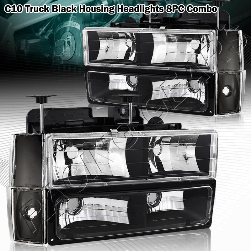 Chevrolet gmc c10 black housing clear lens headlights + bumper +corner lamps 8pc