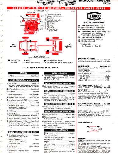 1966 1967 mercury cougar v-8 66 67 lubrication lube tune-up tune-up charts t