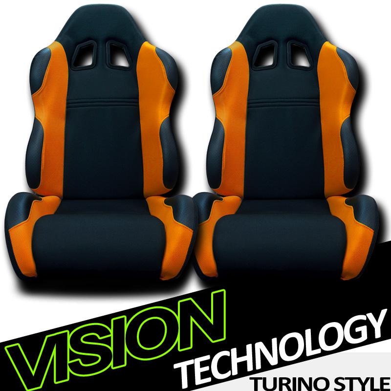 2x universal lh+rh blk/orange fabric & pvc leather racing seats+sliders pair 21