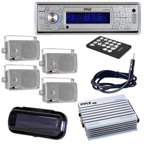 Pyle plmr17bts boat sd usb stereo bluetooth 4 box speakers 400wamp cover antenna