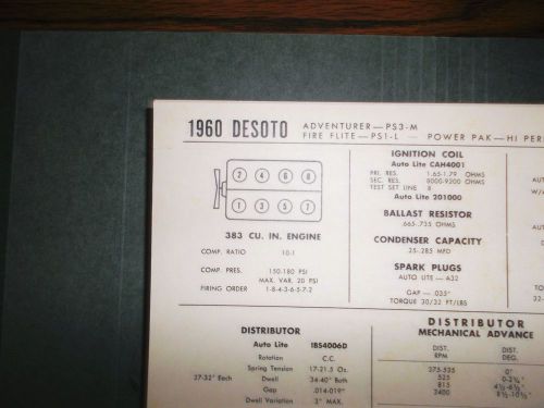 1960 desoto eight ps3-m ps1-l &amp; power pak-hi performance 383 v8 tune up chart