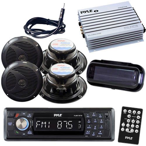 Pyle marine am/fm radio mp3 sd receiver/ bluetooth 4 speakers 400w amp cover pkg