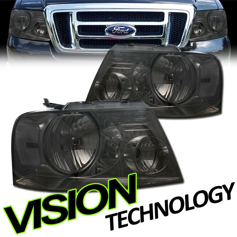 04-08 f150 pickup chrome housing smoke lens head lights lamps w/ clear reflector