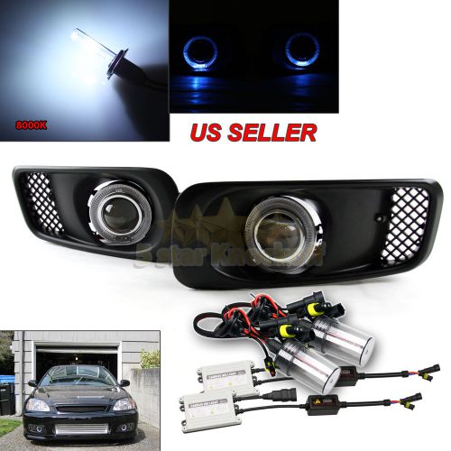 For 99-00 civic usa 3&#034; projector fog lights blue led angel eye +55w 8000k hid