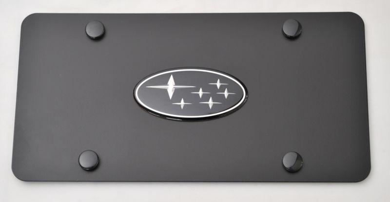 Subaru 3d emblem logo on black stainless steel license plate 