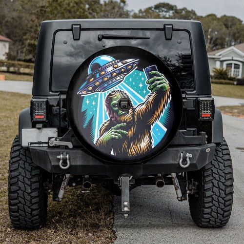 Bigfoot selfie with alien ufo spare tire cover, ufo abduction, tree line with sa