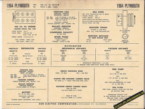 1964 plymouth vp2 v8 426 ci 4 bbl carb engine car sun electronic spec sheet