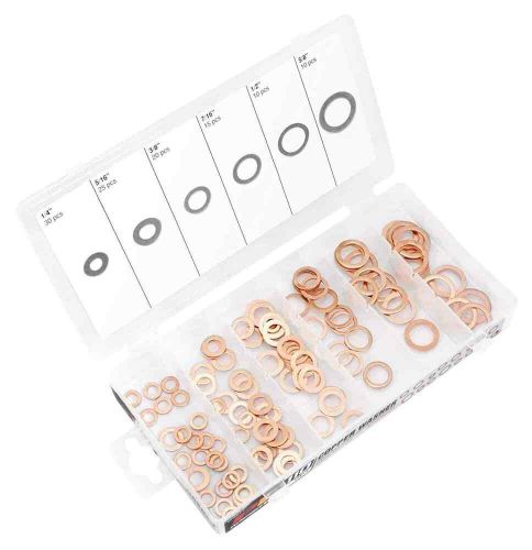 W5217 copper washer assortment kit 110 pc includes: (30) 0.250 in. (25) 0.3