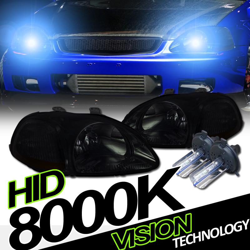 96-98 civic ek/ej smoke tint lens headlights w/ amber+h4 bulb high/low beam hid