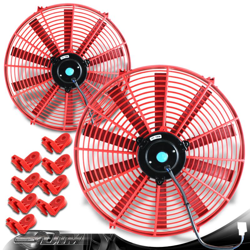 2x universal red 16" 2250 rpm 12v electric cooling pull slim radiator fan