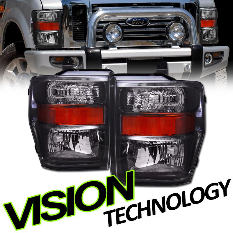 Pair 08-10 f250/f350/f450/f550 superduty jdm black headlights headlamps w/ amber