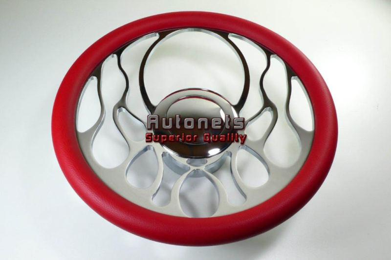 Red full flame fire chevy gm chrome leather aluminum steering wheel horn button