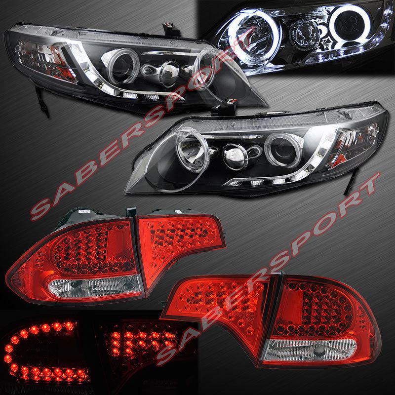 06-11 honda civic 4dr ccfl halo projector headlights w/ led + tail lights red