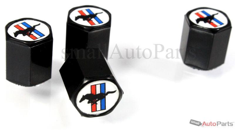 (4) ford mustang logo black abs tire/wheel stem air valve caps covers set