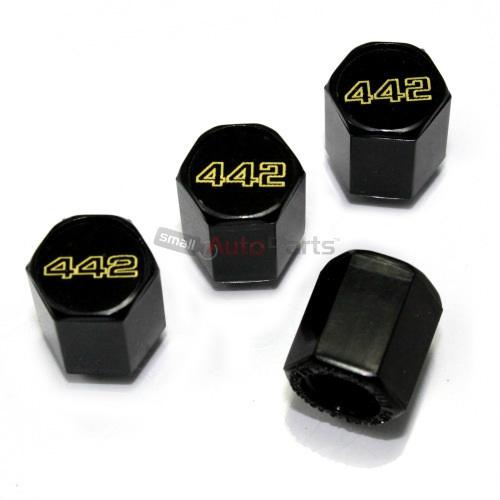 (4) oldsmobile 442 black abs car tire/wheel pressure air stem valve caps covers