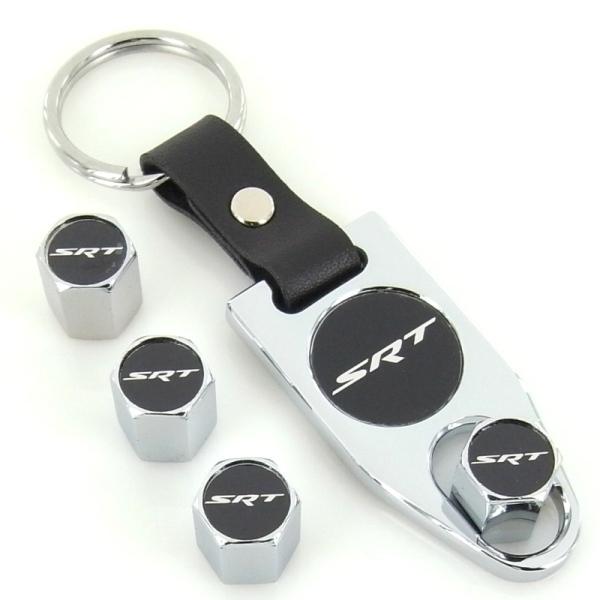 Dodge srt logo chrome  tire stem valve caps + wrench key chain