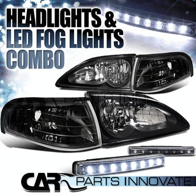 1994-1998 ford mustang gt black crystal headlights+corner lamps+led fog lamp