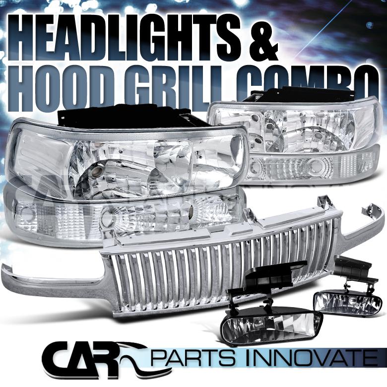 1999-2002 chevy silverado chrome headlights+bumper+clear fog lamps+grille