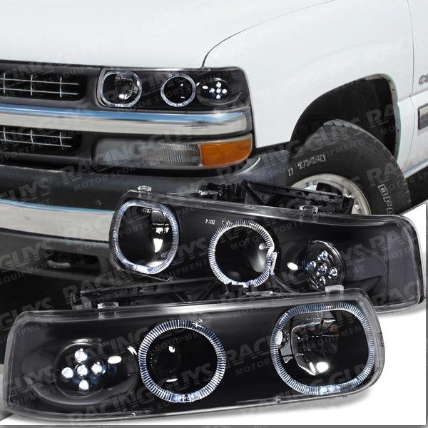 99 00 01 02 chevy silverado led projector halo angel eye headlight black lamps