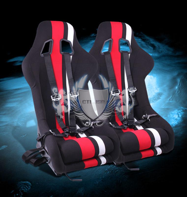 2x jdm black/red white stripe fabric racing bucket seats evo style+4-pt camlock