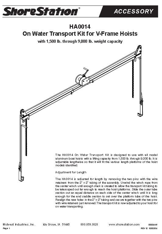 Shorestation ha0014 on water boat lift transport kit