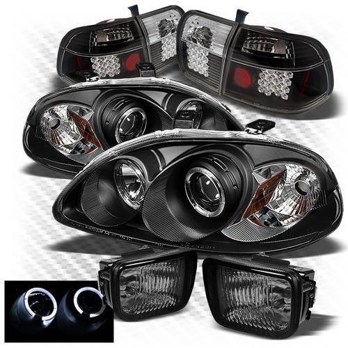 96-98 civic 4dr black pro headlights + led perform tail lights + fog lights set