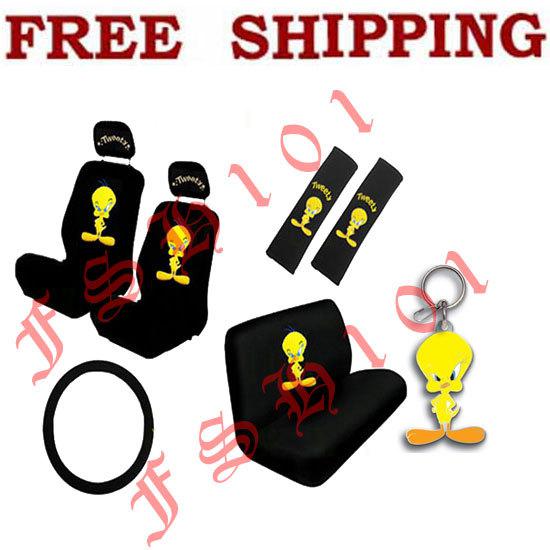 New 12pc set tweety bird seat covers steering wheel cover & key-chain