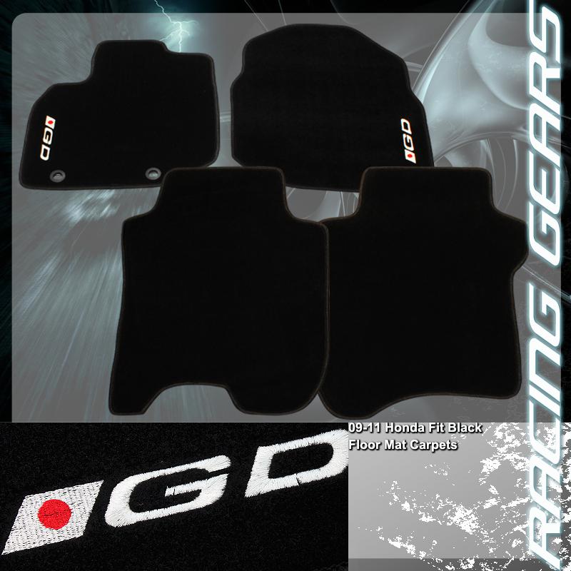 09-11 honda fit 4 piece black nylon non-skid floor mats carpets white gd logo